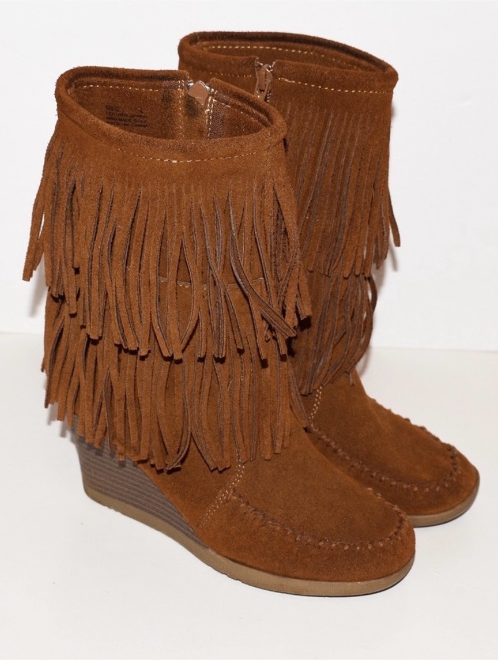 Minnetonka Fringe Suede Wedge Booties - Brown